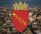 Το εθνόσημο της πόλης της Ρώμης είναι ένα γοτθικό ασπίδα μωβ, με ένα ελληνικό σταυρό και τα αρχικά SPQR της Λατινικής έκφρασης Senatvs Popvlvs Romanvs Qve